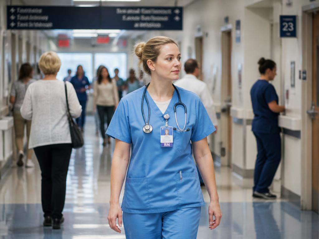 Nurse walking down a hospital corridor