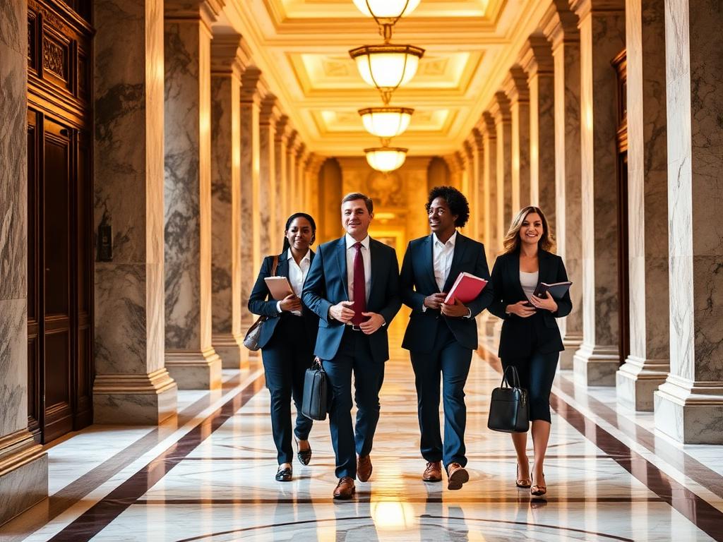 Group of lawyers walking down a courthouse hallway