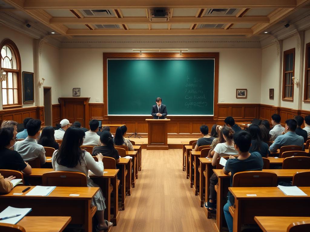 Students attending a lecture in a classic wood-paneled university hall