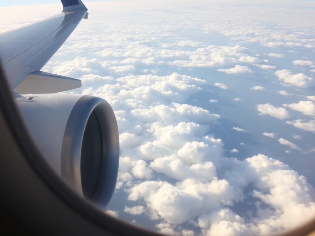 Airplane wing and engine above the clouds