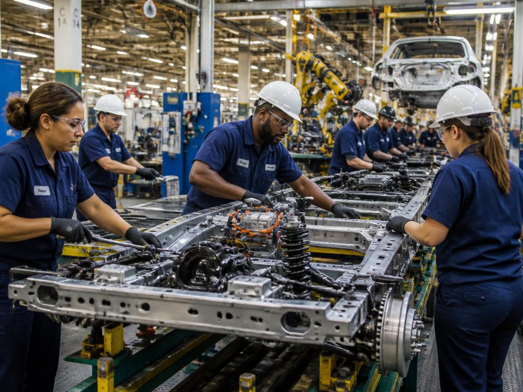 Diverse automotive workers collaborating on an assembly line in a manufacturing plant